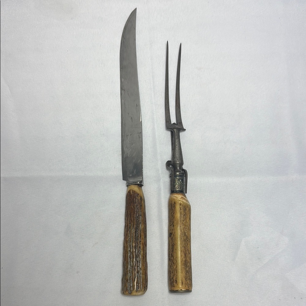Vintage Antler Handle Knife and Fork Set Carving Set